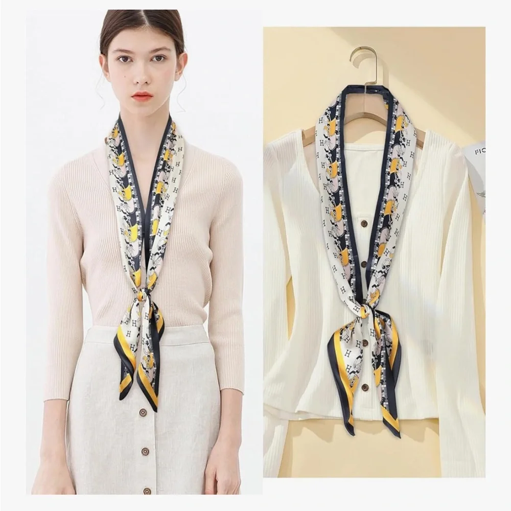 Elegant Black and Yellow Horse Silky Twilly Scarf Long Luxury Expensive Quality